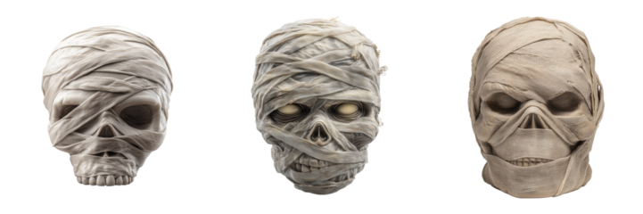 Spooky halloween event mummy skull displays in dark atmosphere