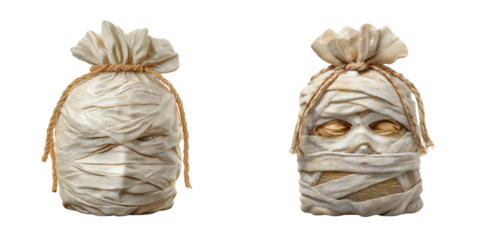 Close-up of mysterious wrapped figure in unidentified sculpture studio