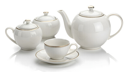 Elegant white porcelain tea set with teapot sugar bowl creamer and cup on saucer for afternoon tea time