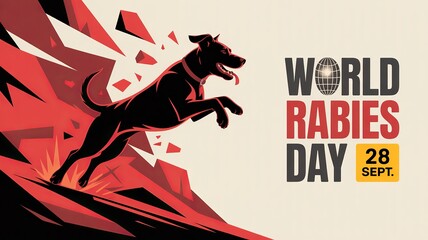 Modern rabies awareness poster encourages urgent action, safety, prevention.