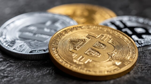 Close-up of gold and silver bitcoin coins on dark surface