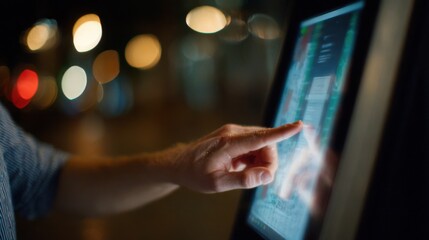 Close medium shot featuring detailed interaction with a hightech retail kiosk emphasizing an illuminated touchscreen while surroundings remain softly blurred.