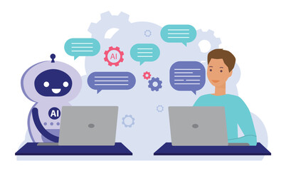 Human and AI Robot Collaboration in Customer Service. AI robot and man on laptops with chat bubbles human-AI collaboration in customer service