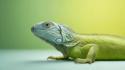Obraz premium Vibrant green iguana resting in a minimalist studio setting fine scales highlighted close-up view nature concept