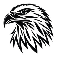 Majestic eagle head profile displays bold, stylized plumage in a striking monochrome composition