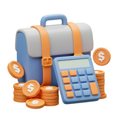 3D Business and Finance Concept with Briefcase, Calculator, and Stacks of Coins.
