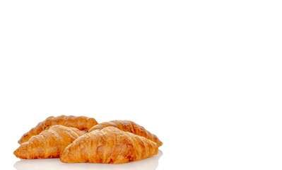 Chocolate croissants isolated on white background, close-up.