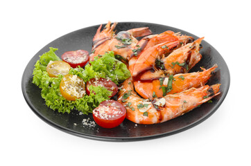 Tasty grilled shrimps with salad isolated on white. Delicious seafood dish