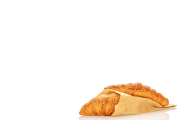 Chocolate croissants isolated on white background, close-up.