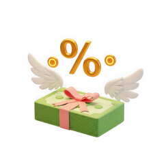 3d gift box with percentage symbol and wings for sale promotion isolated on transparent background