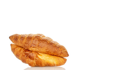 Chocolate croissants isolated on white background, close-up.