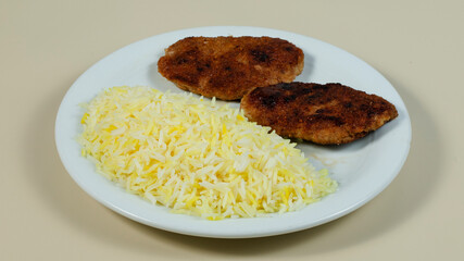 Rice and cutlets on plate