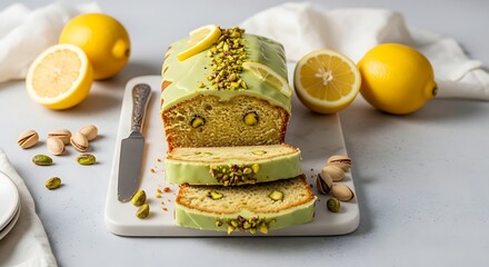 Lemon Pistachio Loaf Cake - Sliced, Glazed, and Garnished on a Marble Board with Fresh Lemons.