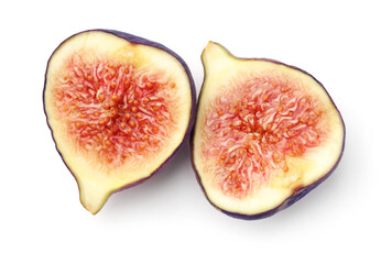 Halves of sweet ripe fig isolated on white, top view