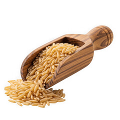 3d wooden scoop filled with golden grains realistic render isolated on transparent background