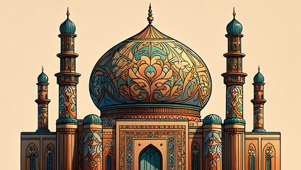 Stunning illustration of an ornate Middle Eastern Mosque with intricate details