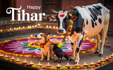 Tihar festival animal worship with cow, dog, and crow