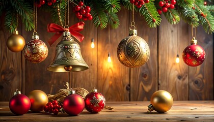 Festive christmas decorations hang from branches over a wooden surface, displaying gold and red ornaments.