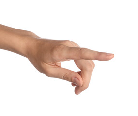 Woman touching something on white background, closeup