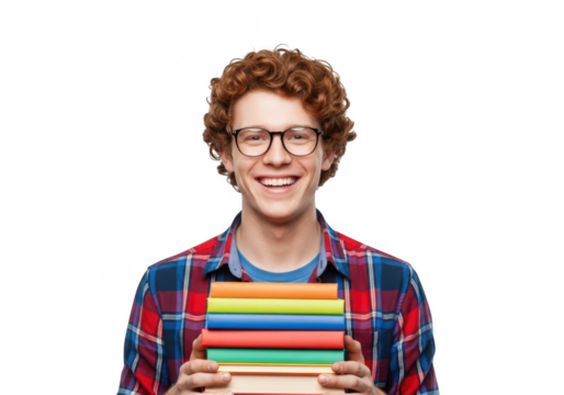 Smiling young man with glasses holding stack of books isolated on transparent background