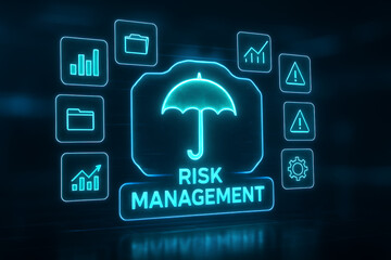 risk management strategy and financial security solution, business planning with data analysis, umbrella protection, and a gear icon symbolizing a well-oiled process