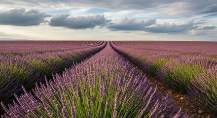 Beautiful Rows of Purple Lavender Fields Under a Cloudy Sky in Provence
