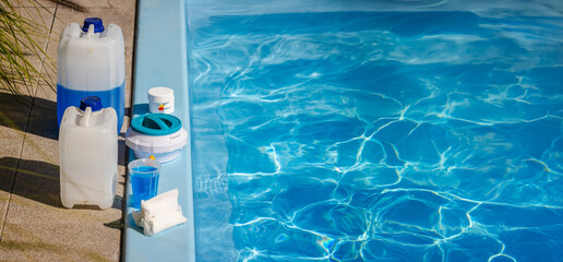 Poolside cleaning kit with blue chemical canisters, chlorine tablets, floating dispenser, measuring...