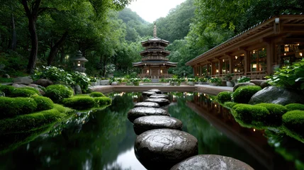Tuinposter  Two-story wooden pagoda temple with curved traditional eaves, stone pathway crossing calm water with rain ripples, surrounded by ancient moss garden,dense bamboo forest,mystical foggy Asian landscape  © Марина Сухина