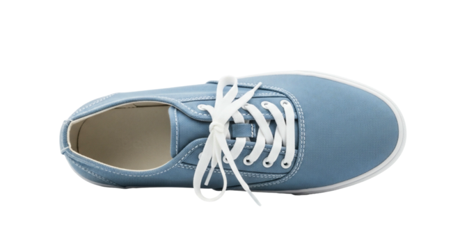 Blue canvas shoe overhead view minimalist footwear casual sneaker isolated product shot top angle fashion accessory simple design textile texture white laces transparent background