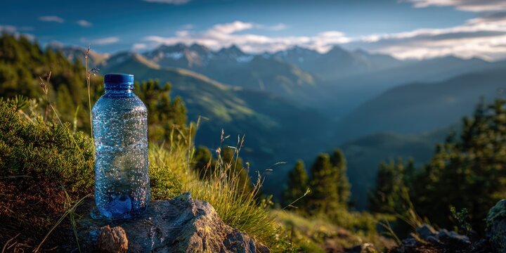 Clear plastic water bottle on rock overlooking majestic mountain range at sunrise. - Powered by Adobe