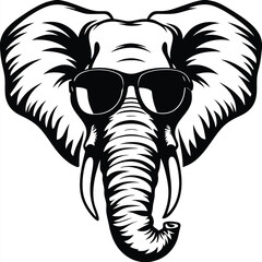 Monochrome elephant face gazes with sunglasses, showcasing distinctive trunk and stylized ears in striking contrast