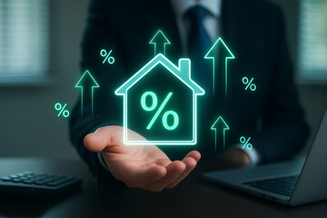 real estate loan and mortgage interest rates, business man showing a holographic house with percentage signs and upwards arrows for increasing property value