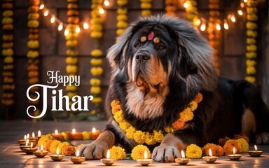 Kukur Tihar dog worship with marigold garland and diyas
