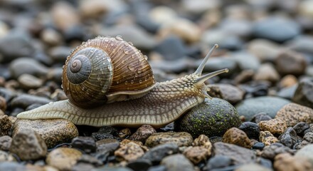 Close-Up of a Snail Crawling Slowly on Wet Pebbles in Nature