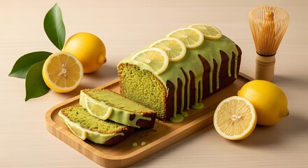 Matcha Lemon Loaf Cake - Elegant Green Tea Dessert Photography.