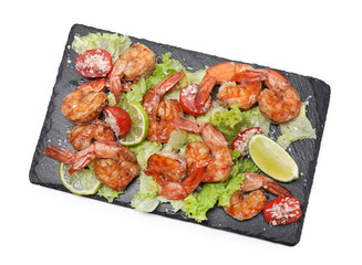 Tasty grilled shrimps with salad isolated on white, top view. Delicious seafood dish