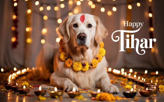 Kukur Tihar dog worship with marigold garland and diyas