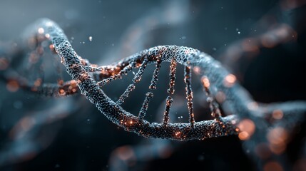 Close-up of glowing dna strand structure with digital particles in blue hue