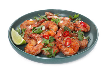 Tasty grilled shrimps with herbs and spices isolated on white. Delicious seafood dish