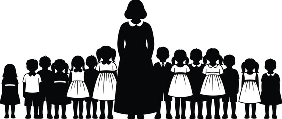 Teacher with children silhouette vector — group of kids in line with adult figure, black design for education and childcare themes