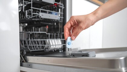 A hand places a light-blue dishwashing tablet into the dishwasher dispenser.
