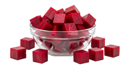 Diced beetroot in glass bowl red vegetable cubes transparent background food photography