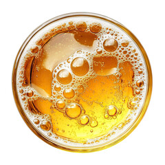 Top view of foamy beer with golden bubbles, isolated on transparent cutout background