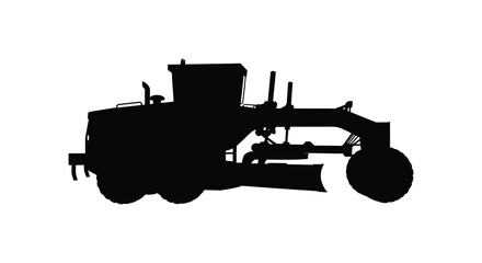A black silhouette of a heavy machinery road grader on white background