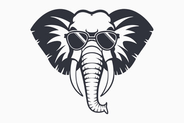 Monochrome elephant head wears sunglasses with large ears and tusk on the white background