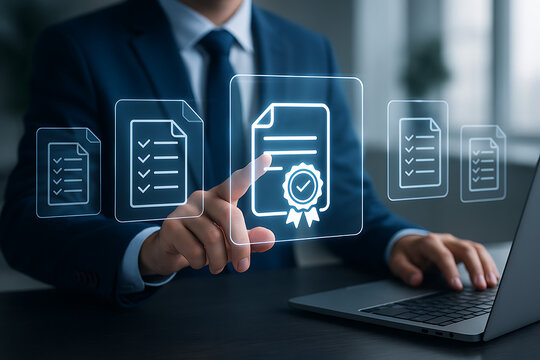 a professional businessman is pointing to a hologram of a certified document with a check mark ribbon, representing business compliance, quality assurance, and legal regulations