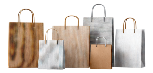 Group of colorful textured paper bags with handles, isolated on transparent cutout background