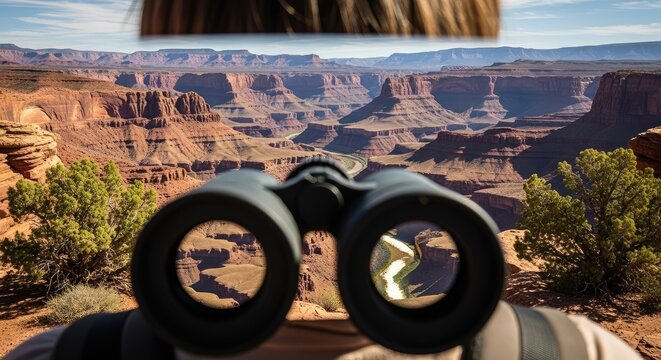 Binoculars Viewing Majestic Grand Canyon Landscape at Sunset, Arizona, USA