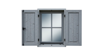 Gray wooden window shutters with glass panes