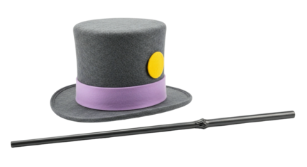 Grey top hat with purple band and magic wand on transparent background